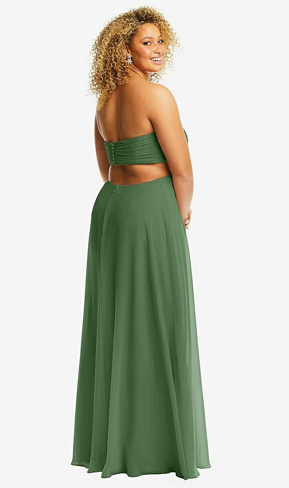 Back View - Vineyard Green Strapless Empire Waist Cutout Maxi Dress with Covered Button Detail