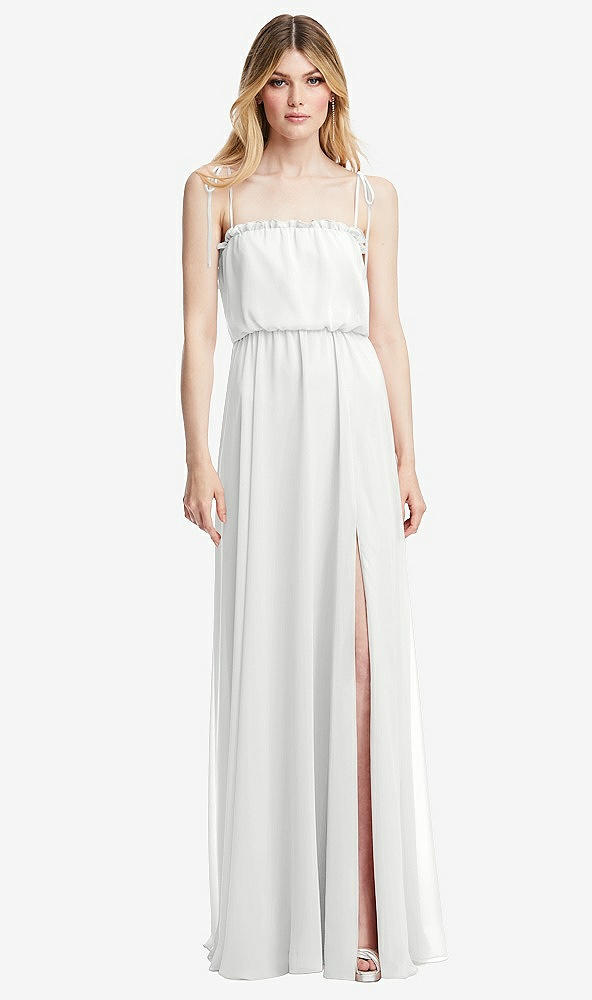 Front View - White Skinny Tie-Shoulder Ruffle-Trimmed Blouson Maxi Dress
