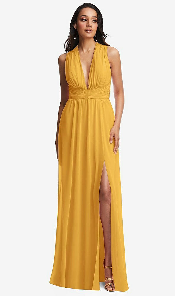 Front View - NYC Yellow Shirred Deep Plunge Neck Closed Back Chiffon Maxi Dress 