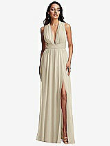Front View Thumbnail - Champagne Shirred Deep Plunge Neck Closed Back Chiffon Maxi Dress 