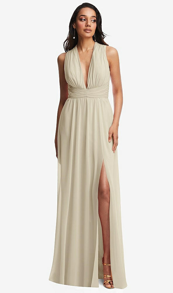 Front View - Champagne Shirred Deep Plunge Neck Closed Back Chiffon Maxi Dress 