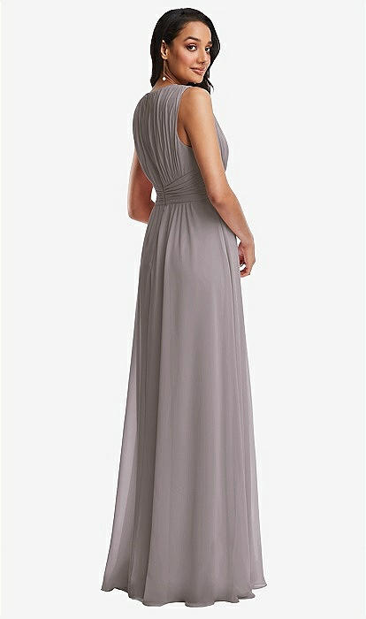 Shirred Deep Plunge Neck Closed Back Chiffon Maxi Dress