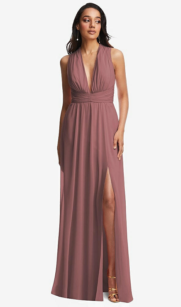 Front View - Rosewood Shirred Deep Plunge Neck Closed Back Chiffon Maxi Dress 