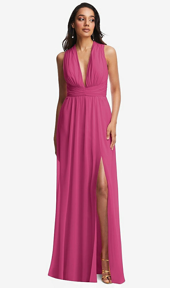 Front View - Tea Rose Shirred Deep Plunge Neck Closed Back Chiffon Maxi Dress 