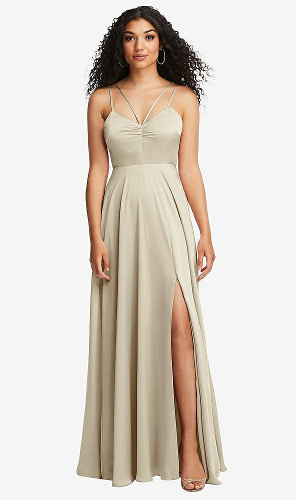 Front View - Champagne Dual Strap V-Neck Lace-Up Open-Back Maxi Dress