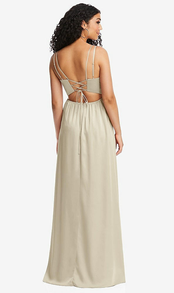 Back View - Champagne Dual Strap V-Neck Lace-Up Open-Back Maxi Dress