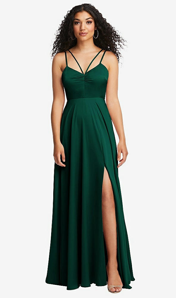 Front View - Hunter Green Dual Strap V-Neck Lace-Up Open-Back Maxi Dress