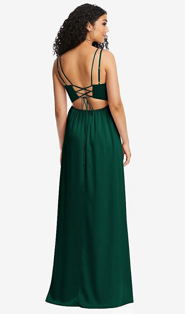 Back View - Hunter Green Dual Strap V-Neck Lace-Up Open-Back Maxi Dress