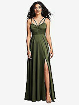 Front View Thumbnail - Olive Green Dual Strap V-Neck Lace-Up Open-Back Maxi Dress