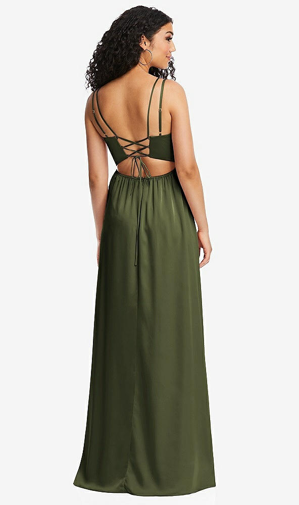 Back View - Olive Green Dual Strap V-Neck Lace-Up Open-Back Maxi Dress
