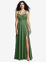 Front View Thumbnail - Vineyard Green Dual Strap V-Neck Lace-Up Open-Back Maxi Dress