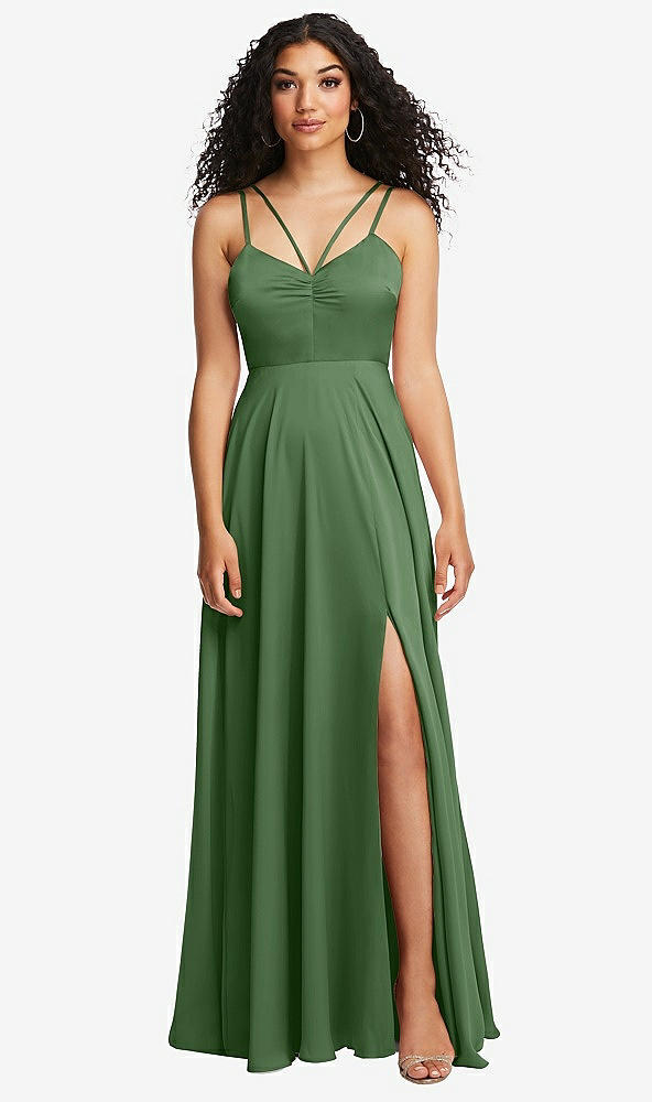 Front View - Vineyard Green Dual Strap V-Neck Lace-Up Open-Back Maxi Dress