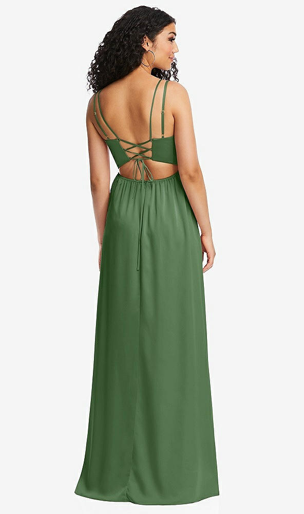 Back View - Vineyard Green Dual Strap V-Neck Lace-Up Open-Back Maxi Dress