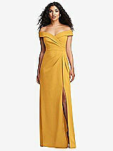 Front View Thumbnail - NYC Yellow Cuffed Off-the-Shoulder Pleated Faux Wrap Maxi Dress