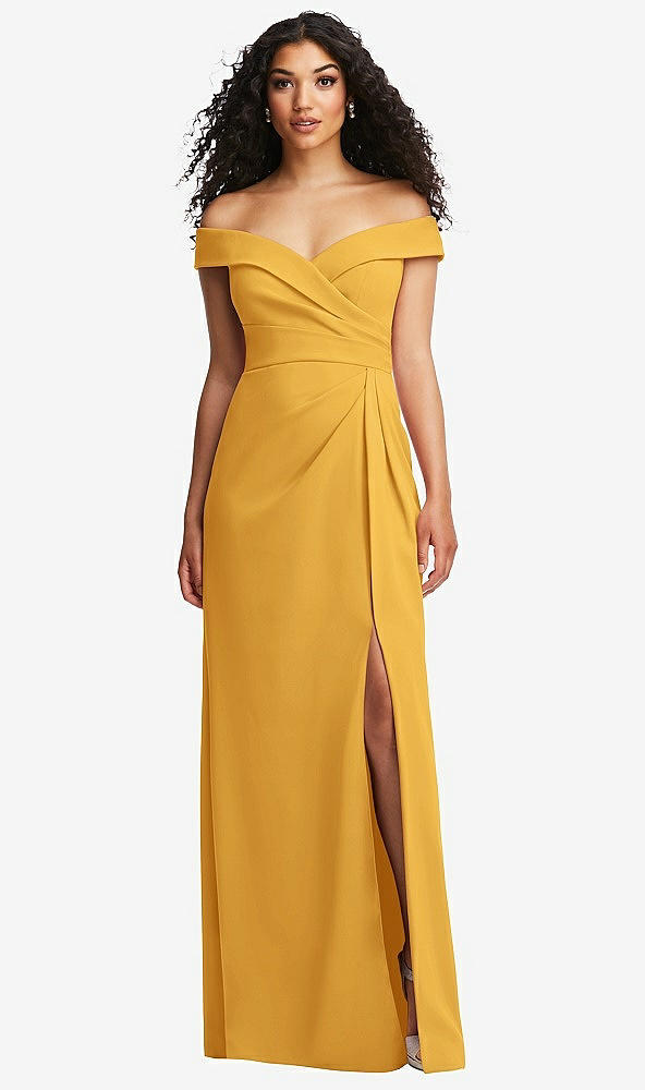 Front View - NYC Yellow Cuffed Off-the-Shoulder Pleated Faux Wrap Maxi Dress
