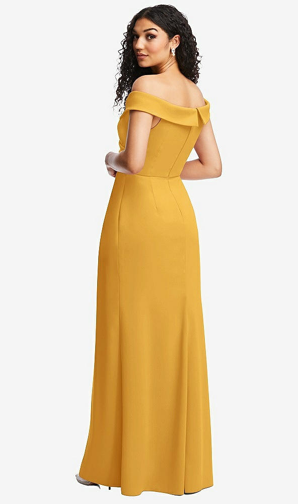 Back View - NYC Yellow Cuffed Off-the-Shoulder Pleated Faux Wrap Maxi Dress