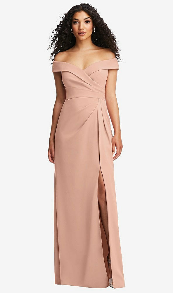 Front View - Pale Peach Cuffed Off-the-Shoulder Pleated Faux Wrap Maxi Dress
