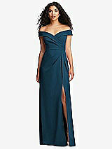 Front View Thumbnail - Atlantic Blue Cuffed Off-the-Shoulder Pleated Faux Wrap Maxi Dress