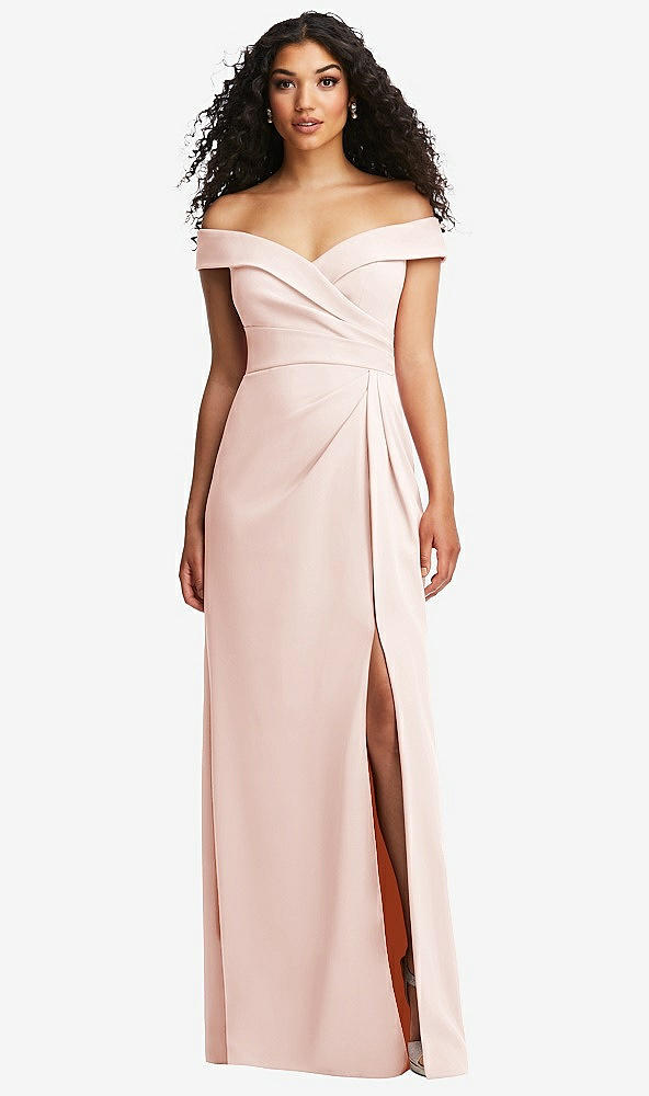 Front View - Blush Cuffed Off-the-Shoulder Pleated Faux Wrap Maxi Dress
