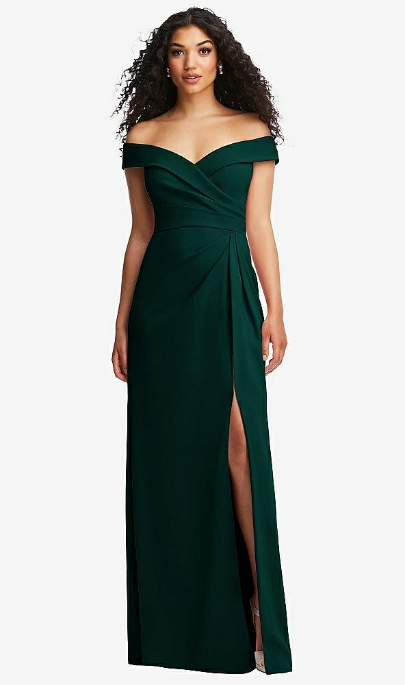 Front View - Evergreen Cuffed Off-the-Shoulder Pleated Faux Wrap Maxi Dress