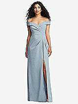 Front View Thumbnail - Mist Cuffed Off-the-Shoulder Pleated Faux Wrap Maxi Dress