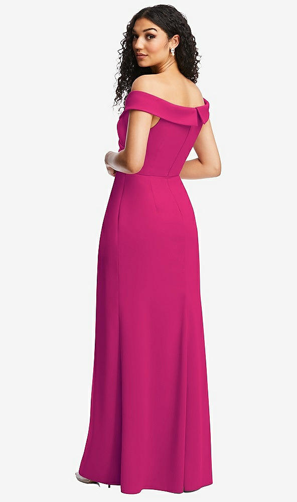 Back View - Think Pink Cuffed Off-the-Shoulder Pleated Faux Wrap Maxi Dress