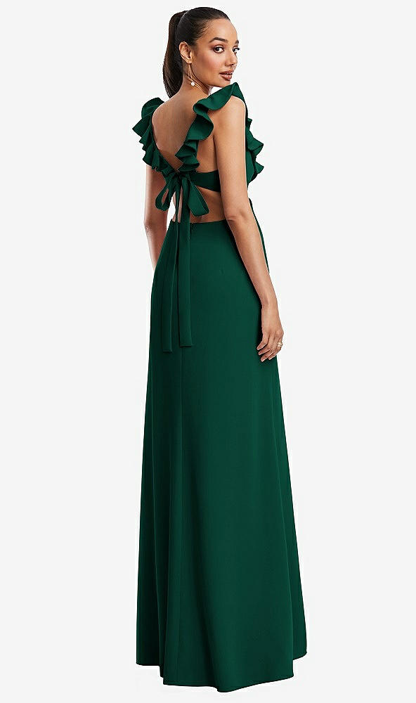 Back View - Hunter Green Ruffle-Trimmed Neckline Cutout Tie-Back Trumpet Gown