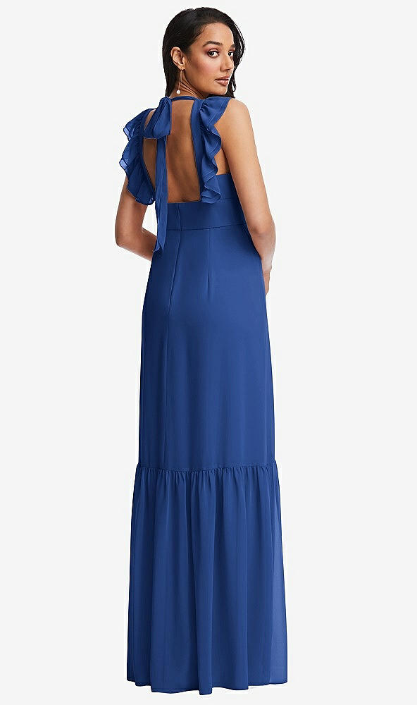 Back View - Classic Blue Tiered Ruffle Plunge Neck Open-Back Maxi Dress with Deep Ruffle Skirt