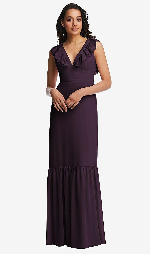 Front View - Aubergine Tiered Ruffle Plunge Neck Open-Back Maxi Dress with Deep Ruffle Skirt