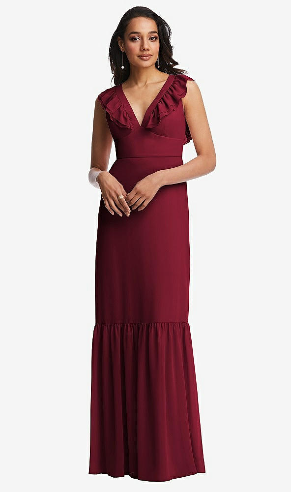 Front View - Burgundy Tiered Ruffle Plunge Neck Open-Back Maxi Dress with Deep Ruffle Skirt