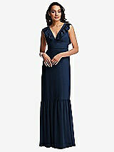 Front View Thumbnail - Midnight Navy Tiered Ruffle Plunge Neck Open-Back Maxi Dress with Deep Ruffle Skirt