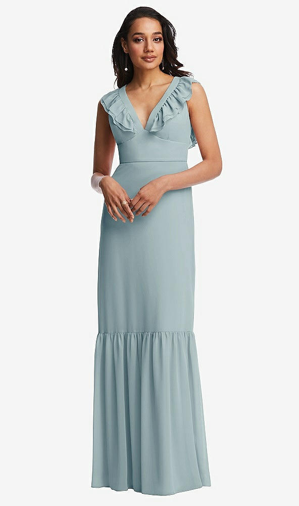 Front View - Morning Sky Tiered Ruffle Plunge Neck Open-Back Maxi Dress with Deep Ruffle Skirt