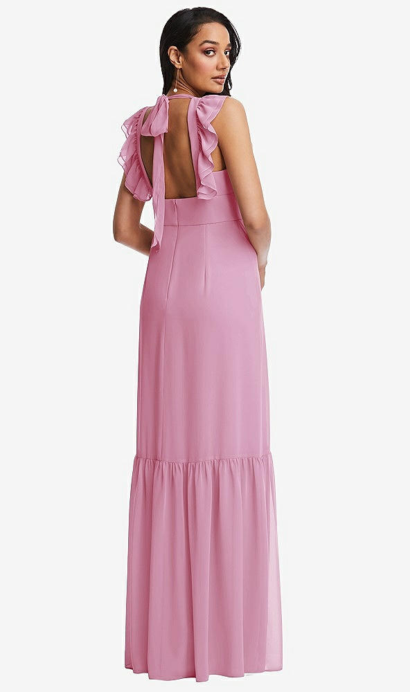 Back View - Powder Pink Tiered Ruffle Plunge Neck Open-Back Maxi Dress with Deep Ruffle Skirt