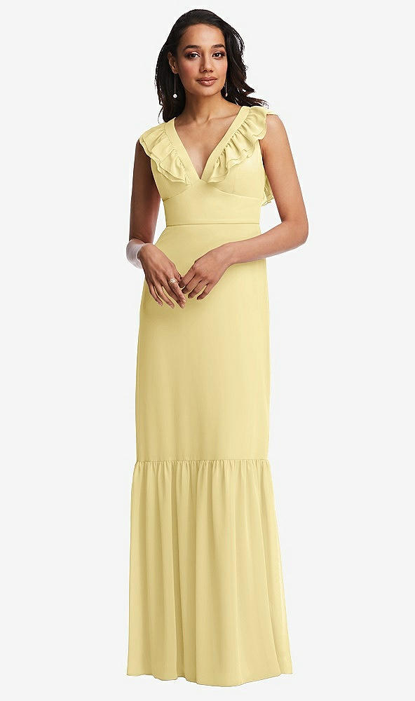 Front View - Pale Yellow Tiered Ruffle Plunge Neck Open-Back Maxi Dress with Deep Ruffle Skirt