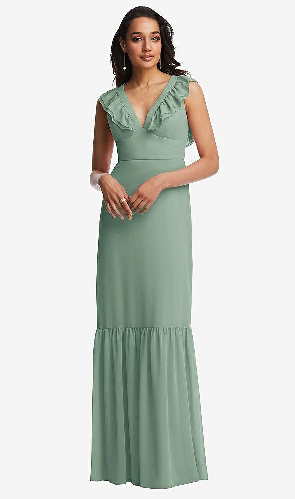 Front View - Seagrass Tiered Ruffle Plunge Neck Open-Back Maxi Dress with Deep Ruffle Skirt