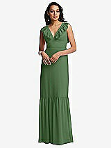 Front View Thumbnail - Vineyard Green Tiered Ruffle Plunge Neck Open-Back Maxi Dress with Deep Ruffle Skirt