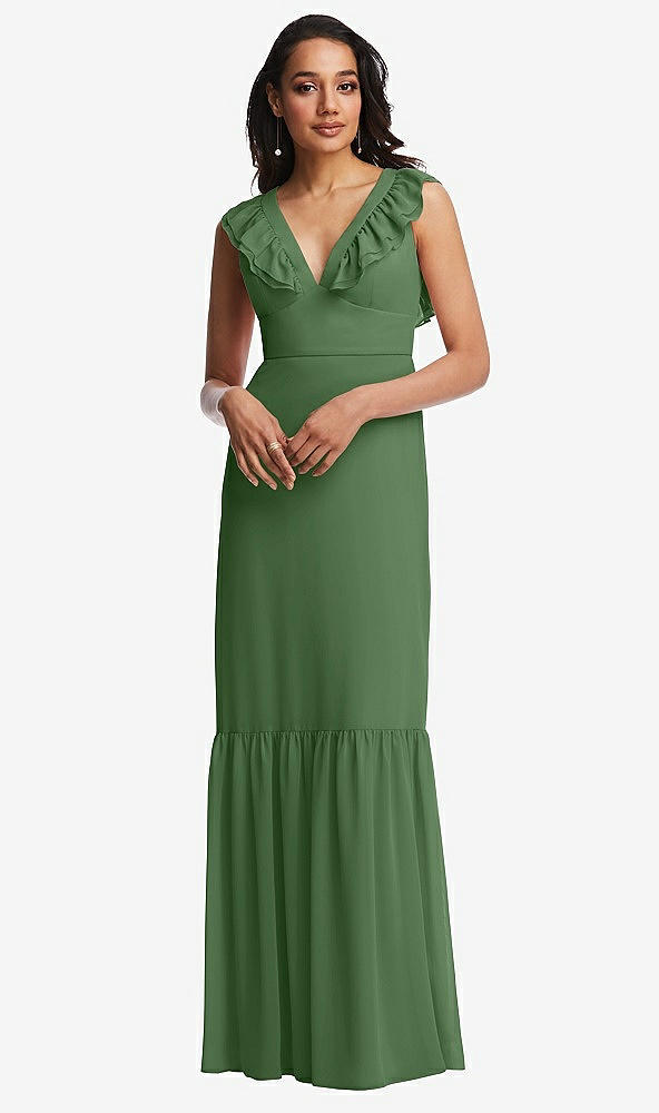 Front View - Vineyard Green Tiered Ruffle Plunge Neck Open-Back Maxi Dress with Deep Ruffle Skirt