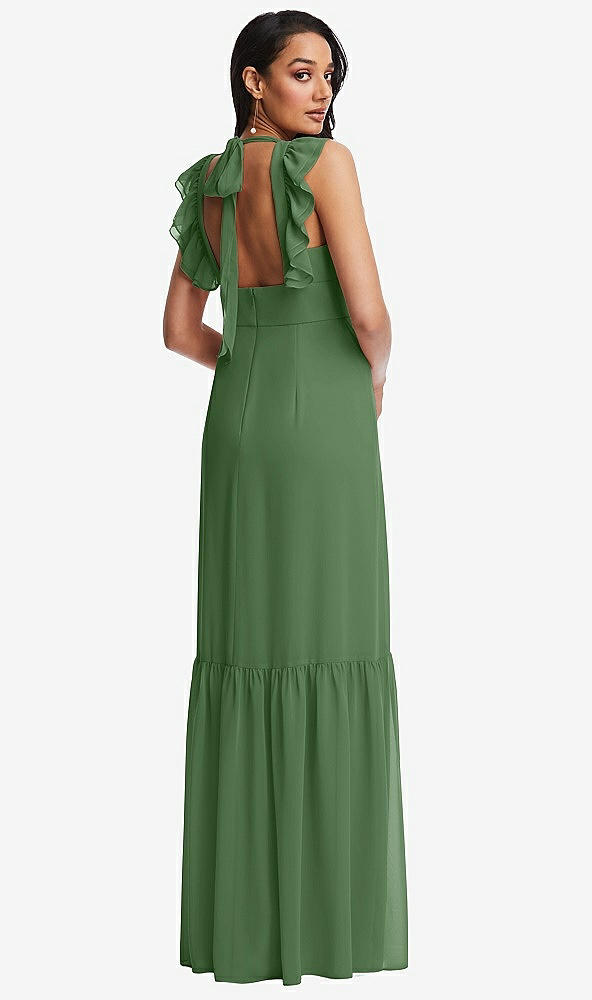 Back View - Vineyard Green Tiered Ruffle Plunge Neck Open-Back Maxi Dress with Deep Ruffle Skirt