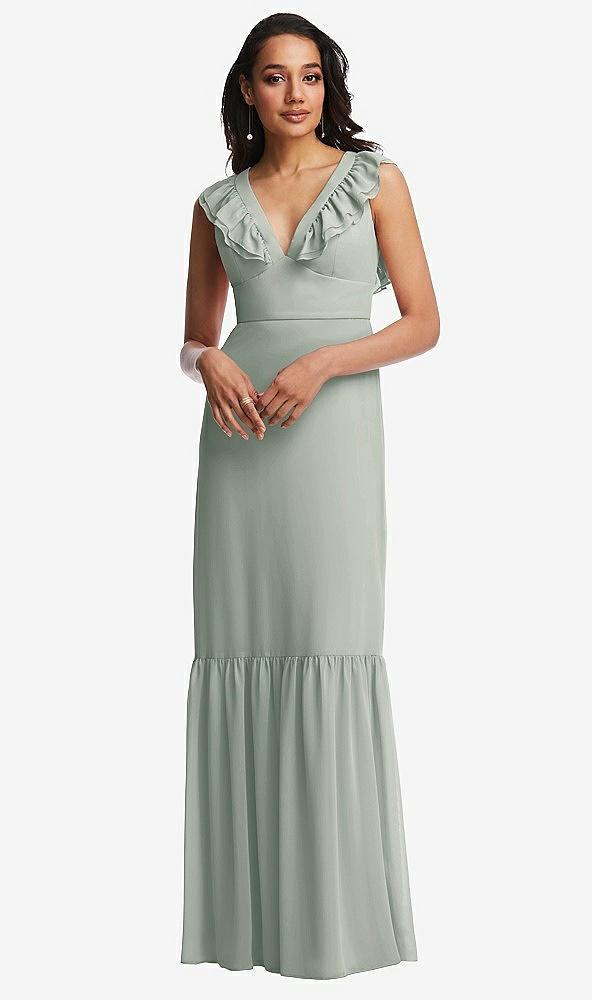 Front View - Willow Green Tiered Ruffle Plunge Neck Open-Back Maxi Dress with Deep Ruffle Skirt