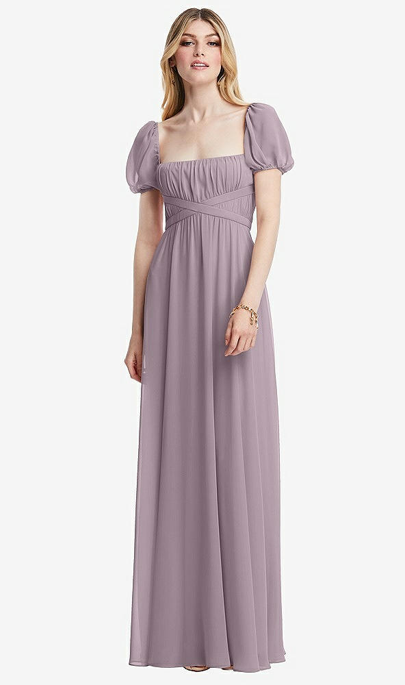 Front View - Lilac Dusk Regency Empire Waist Puff Sleeve Chiffon Maxi Dress