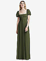 Front View Thumbnail - Olive Green Regency Empire Waist Puff Sleeve Chiffon Maxi Dress