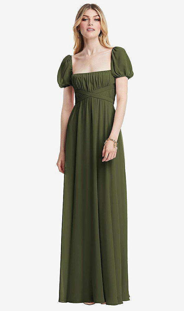 Front View - Olive Green Regency Empire Waist Puff Sleeve Chiffon Maxi Dress
