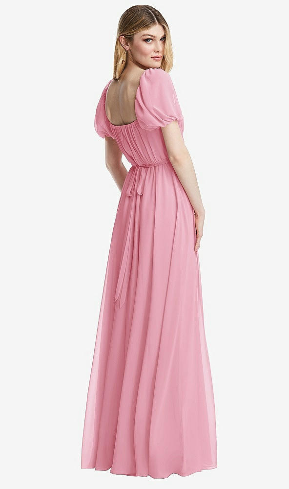 Back View - Peony Pink Regency Empire Waist Puff Sleeve Chiffon Maxi Dress