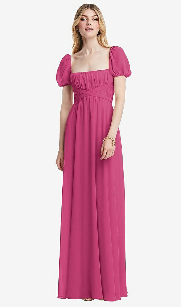 Front View - Tea Rose Regency Empire Waist Puff Sleeve Chiffon Maxi Dress