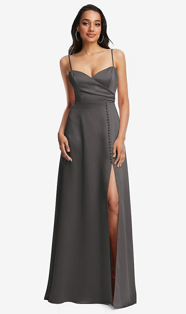 Front View - Caviar Gray Adjustable Strap Faux Wrap Maxi Dress with Covered Button Details