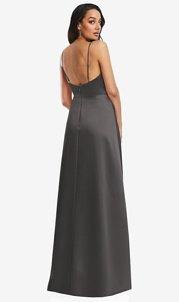 Back View - Caviar Gray Adjustable Strap Faux Wrap Maxi Dress with Covered Button Details