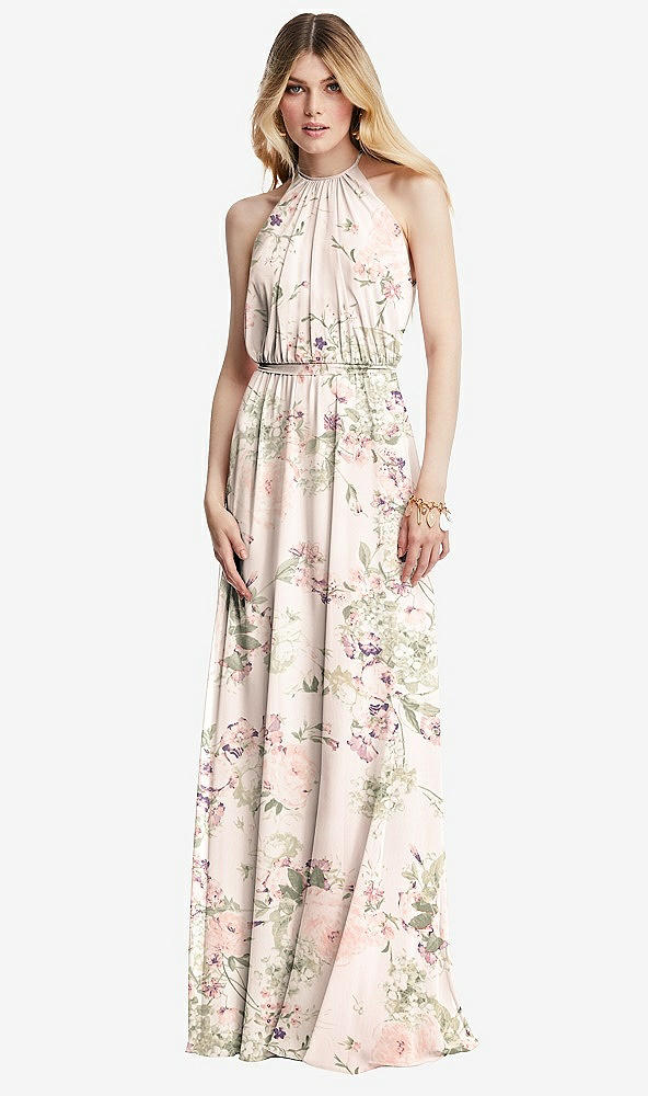Front View - Blush Garden Illusion Back Halter Maxi Dress with Covered Button Detail