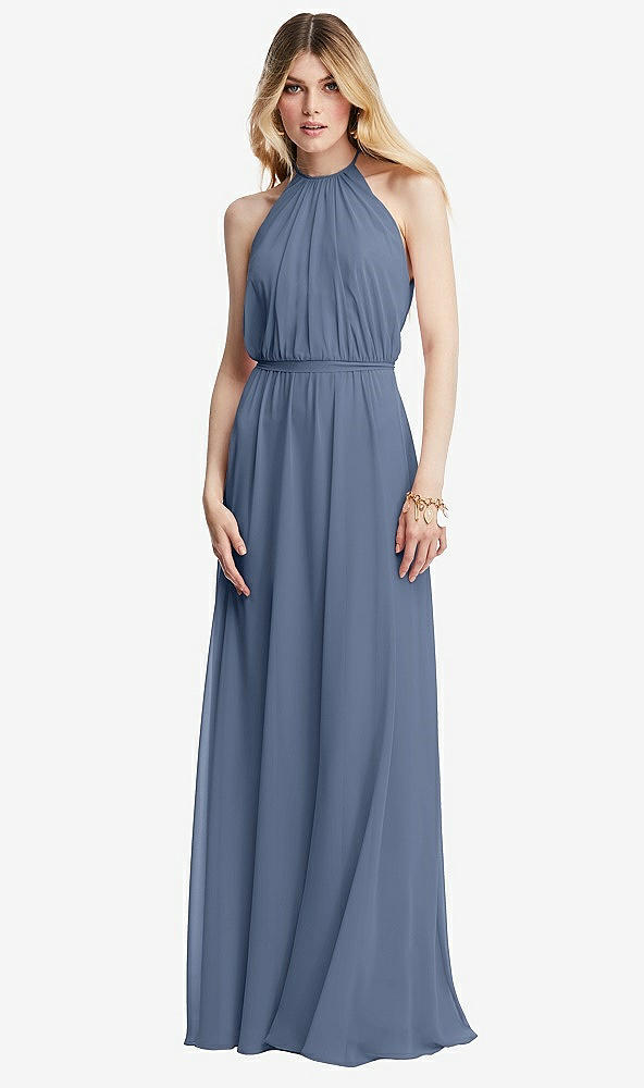 Front View - Larkspur Blue Illusion Back Halter Maxi Dress with Covered Button Detail