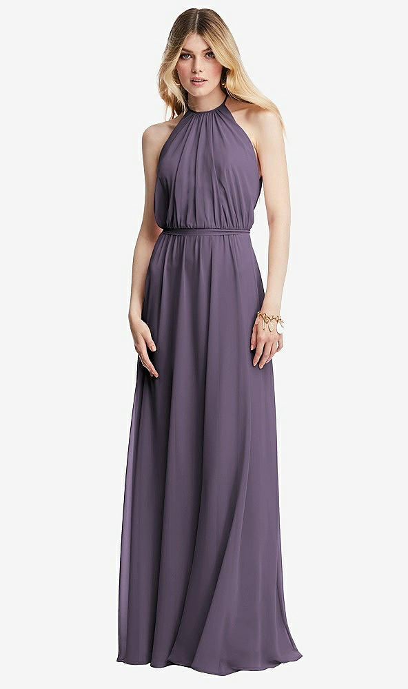 Front View - Lavender Illusion Back Halter Maxi Dress with Covered Button Detail