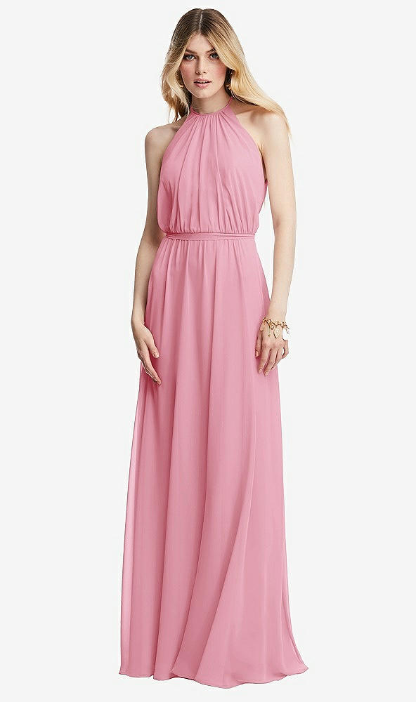Front View - Peony Pink Illusion Back Halter Maxi Dress with Covered Button Detail